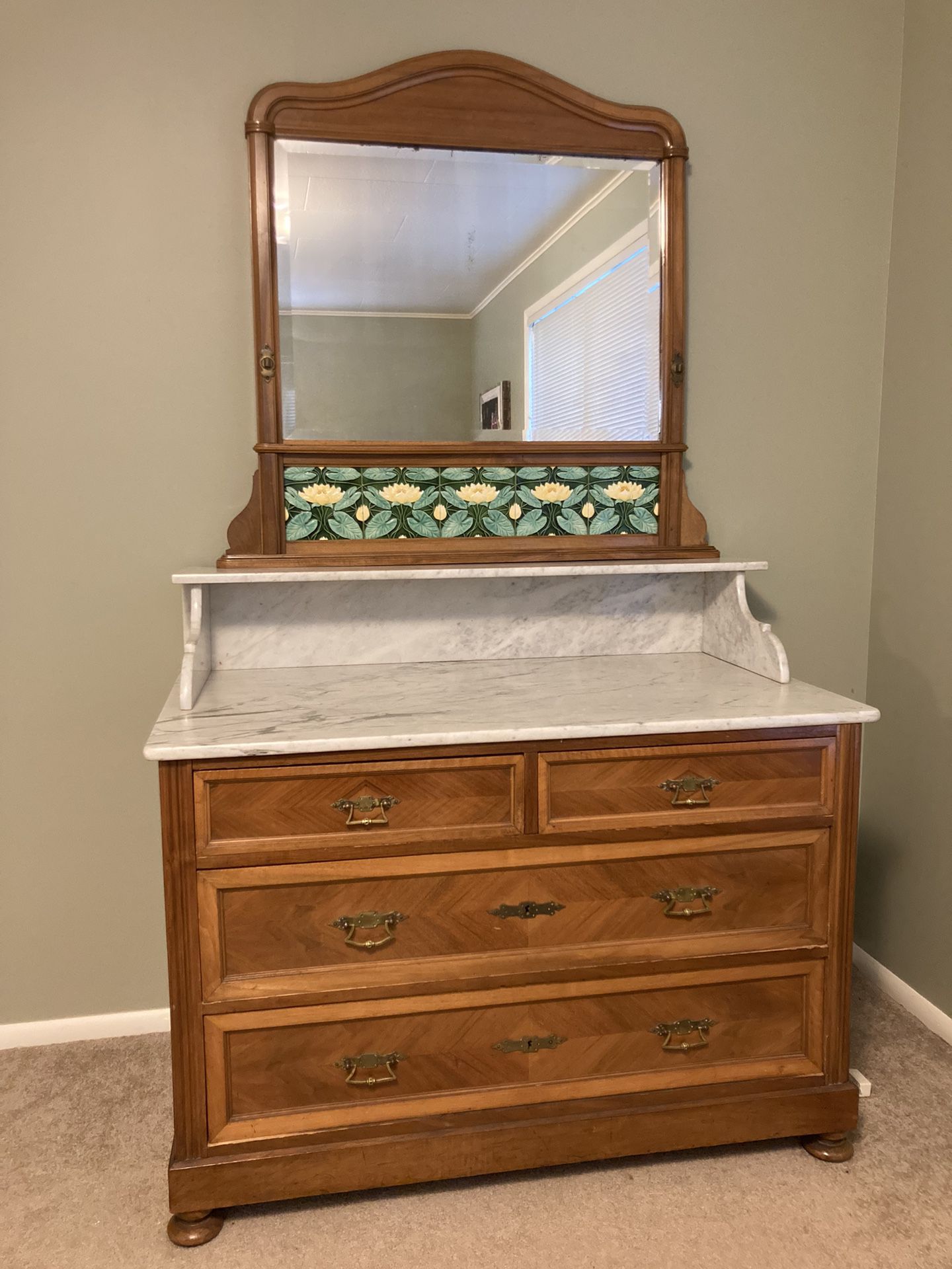 Marble-topped Antique Dresser With Tile-Decorated Mirror