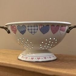 Vintage Enamel Porcelain Brass Kitchen Strainer Colander