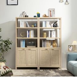 Set Of 2 Bookshelf 5 Tier Book Shelf Rattan Boho 71" Tall Bookcase with Doors Storage Shelves Large Bookshelves Farmhouse Bookcases Library Book Case 