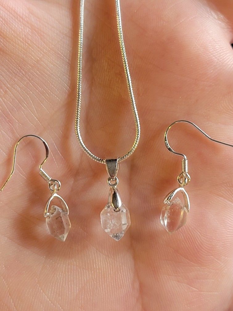 ☆Herkimer Diamond Matching Set AAA Quality .925 Sterling Silver Earrings + Chain