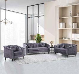Gray Living Room 3 Piece Set Include Sofa, Loveseat And Chair New In Packaging 