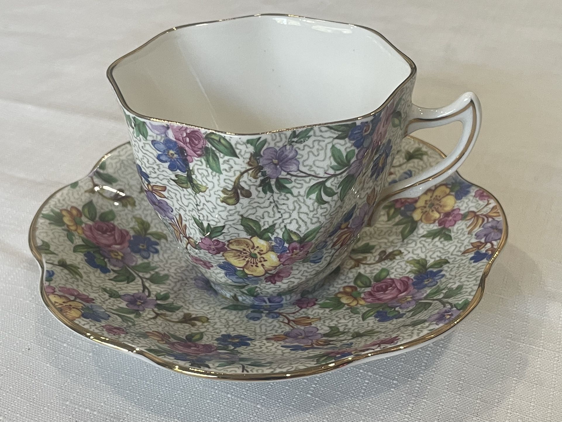 Rosina Bone China Tea Cup and Saucer Multi-Color Flowers Gold Trim