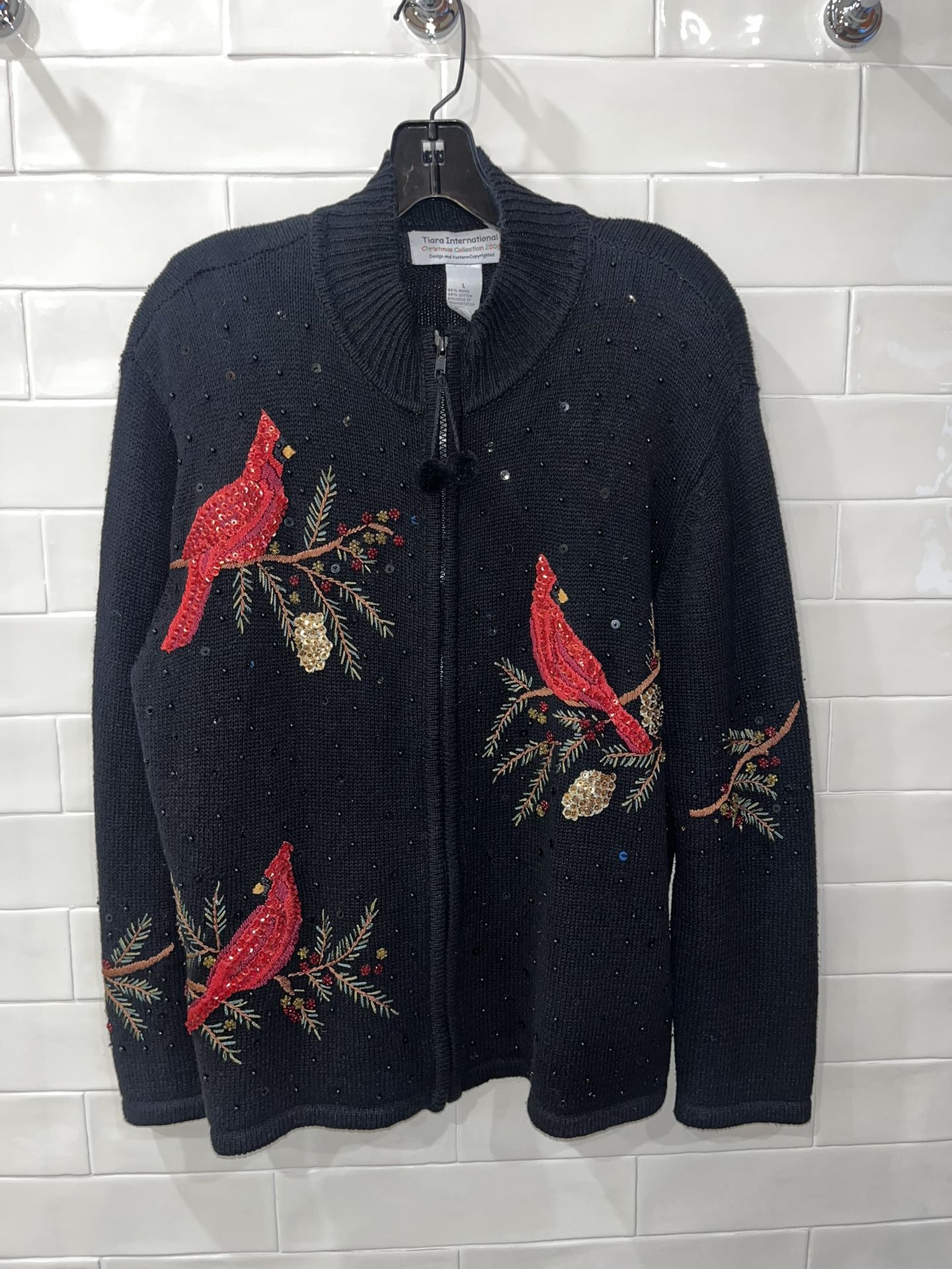 Vintage Christmas Sweater Cardinals Kitschy Embellished Sequins Sz L