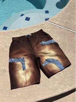 Custom 1of1, Bleached painted brown Jorts with blue denim stitched in