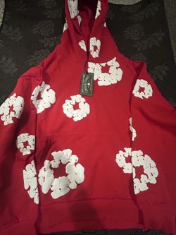 Red Denim Tears hoodie with white cloud design. Size: S