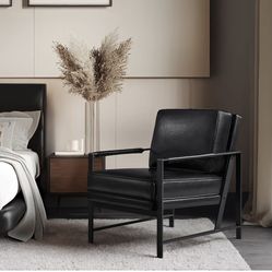 Yaheetech PU Leather Armchair, Retro Leisure Accent Chair with Extra Soft Padded and Cushion, Modern Reading Arm Chair with Black Metal Frame for Livi