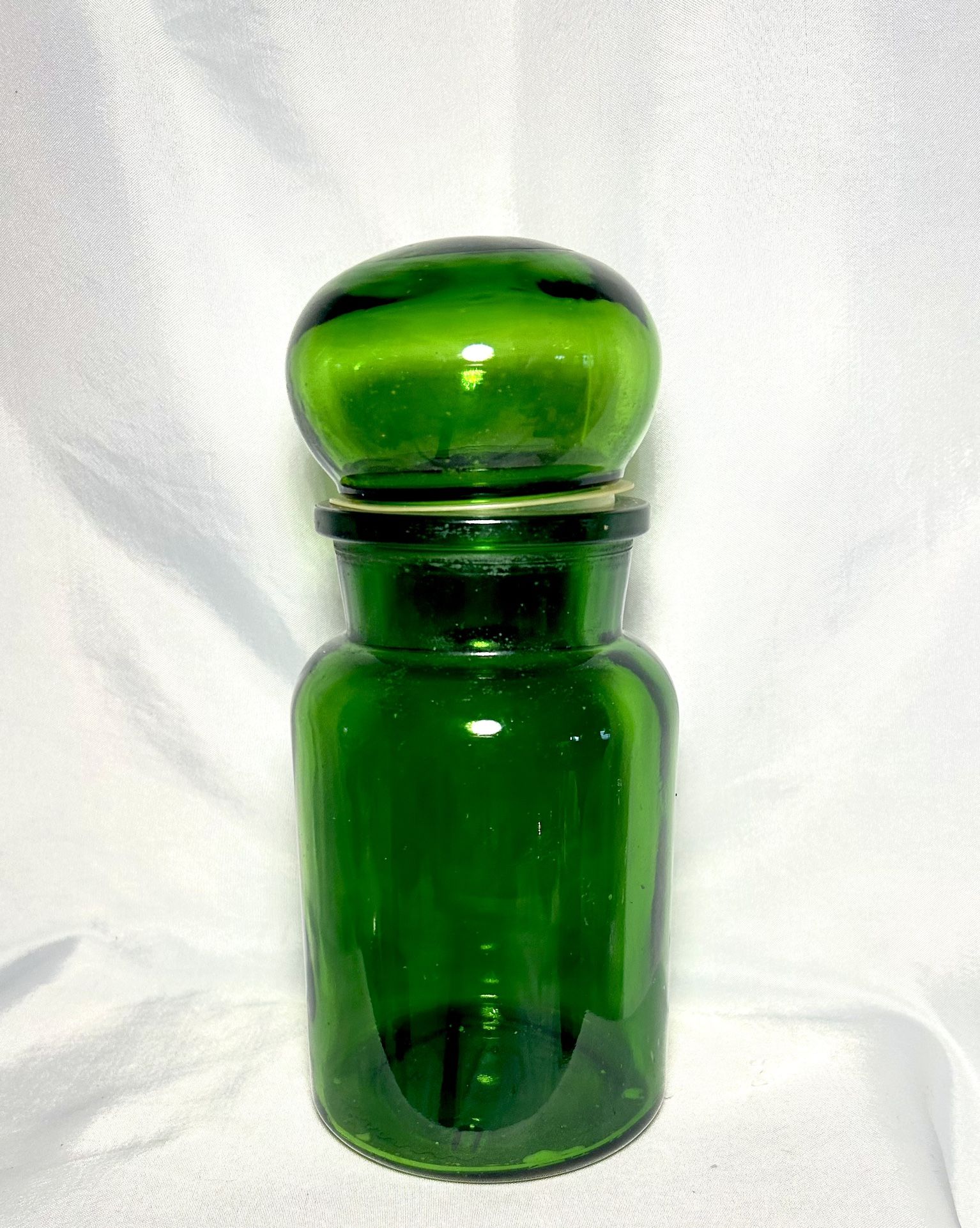 Vintage Apothecary Jar Green Glass 8.5" Bubble Lid Belgium