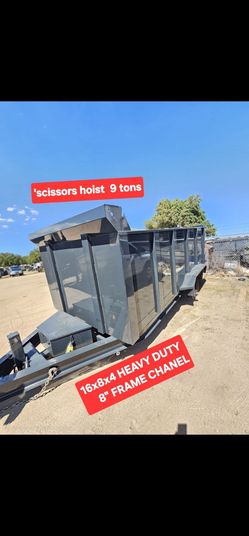 SUPER HEAVY DUTY DUMP TRAILER 16X8X4 FT 2 AXLES,ELECTRIC
SCISSOR HOIST 10 TON CAPACITY 
SWING AND SIDE DOORS
BRAKES 4 WHEELS, TOOL BOX,LED LIGHTS,SPAR