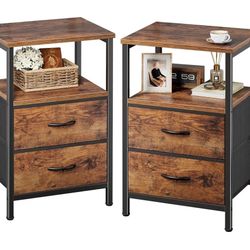 Huuger Night Stand Set of 2, Nightstand with 2 Drawers, Bed Side Table with Open Shelf, Wooden Top, End Table, Fabric Drawer, for Bedroom, Rustic Brow