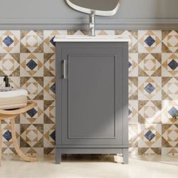 NEW Gray 20 in. W x 15.5 in. D x 33.3 in. H Freestanding Bath Vanity with White Ceramic Top