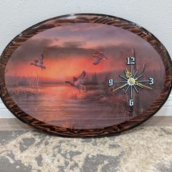Vintage MALLARD DUCK  HUNTING Wood Glazed Lacquer Art Wall Clock Handmade in West Sacramento