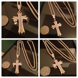 Thin Gold Plated Cuban Necklace With Swarovski Crystal Cross Pendant