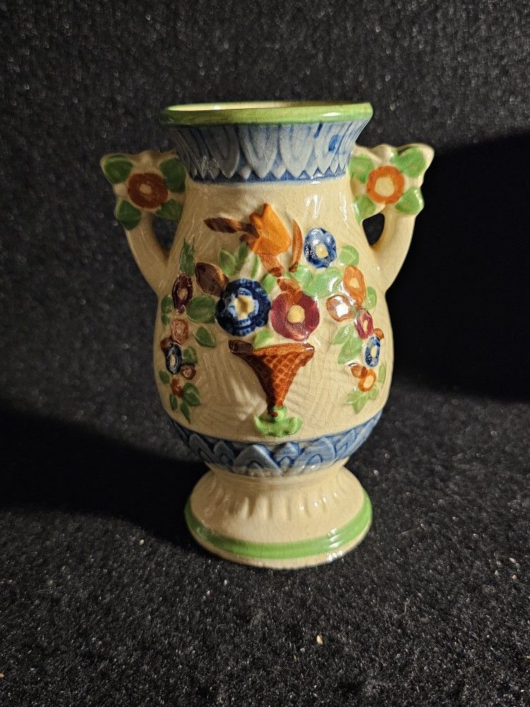 Vintage 1950s Japanese Majolica Hand Painted Porcelain Vase 5-3/4" Rare Lime Rim