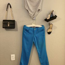 White Tube Top Bodysuit W/ Black Pinstripes | LEI Blue Skinny Jeans