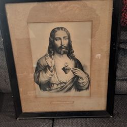 BEAUTIFUL ANTIQUE SACRED HEART OF JESUS FRAMED PICTURE MAKE OFFER