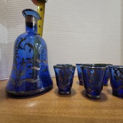 Vintage Napco Cobalt Blue Glass Bell Shaped Decanter missing top Sterling Silver Overlay 6 Glass Set