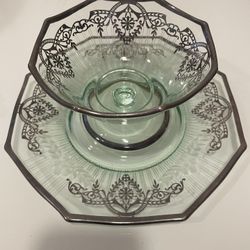 Antique Sterling Silver Overlay Depression Glass Set Plate And Bowl