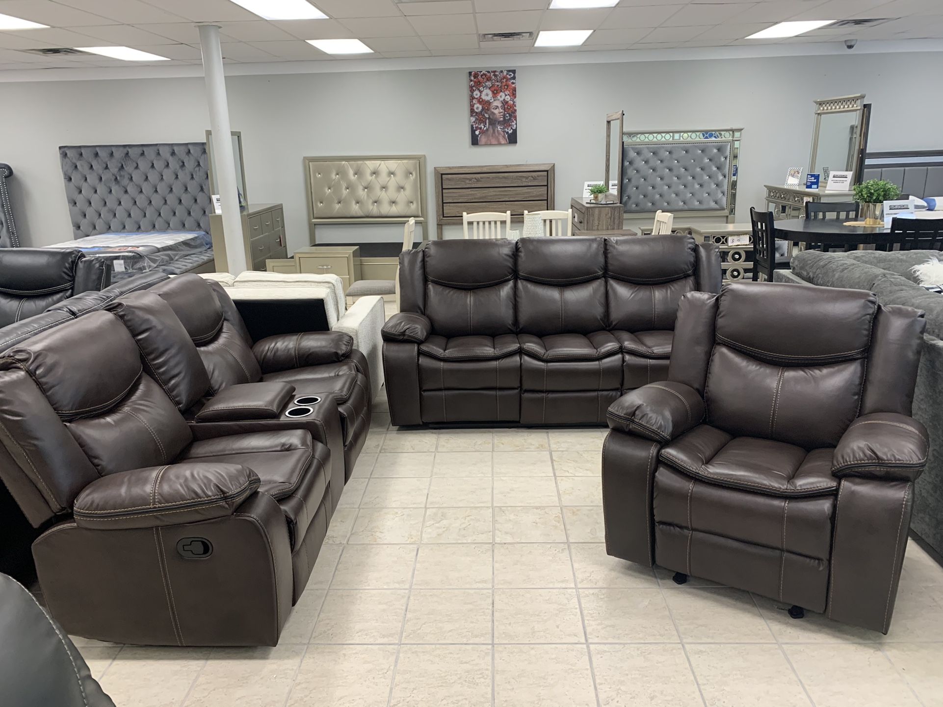 Brand New Leather Gel 3PC Reclining Living Room Set