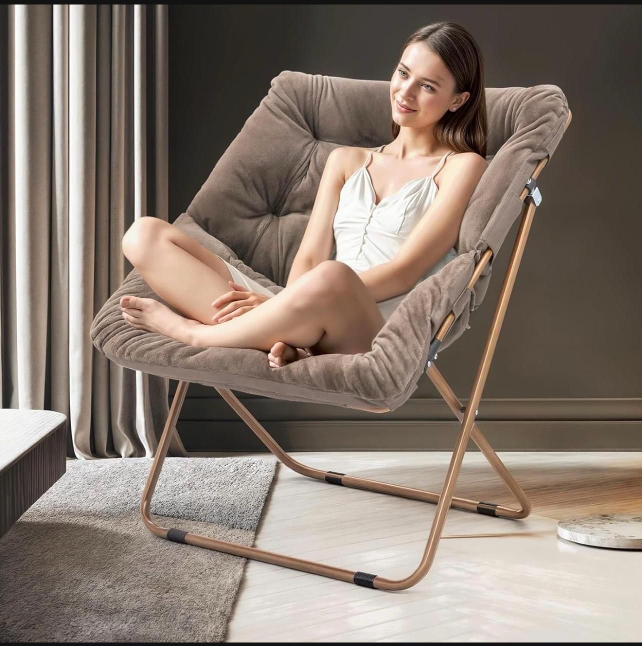 MoNiBloom Square Folding Faux Fur Saucer Chair for Bedroom Living Room Dorm Garden Courtyard Foldable Metal(Y024)