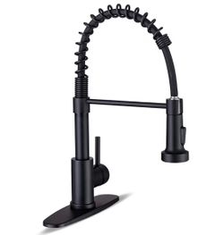 Black Kitchen Faucet with Sprayer,    Single Handle Kitchen Faucets with Deck Plate, 360 Swivel High Arc