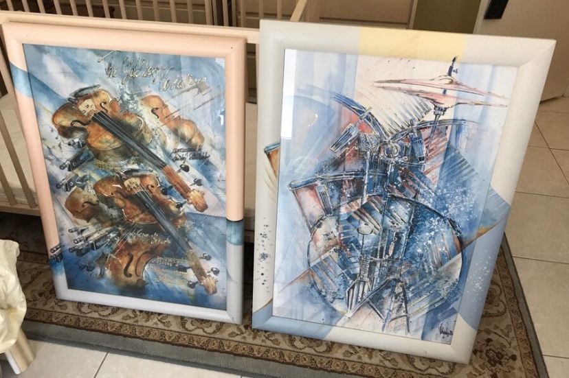 2 large matching violin and drums paintings with hand-painted frames