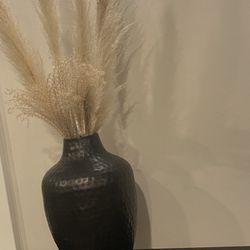 Black Minimalist Style Metal Vase With Dried Decorative Leaves Or Pampas Grass, H13”