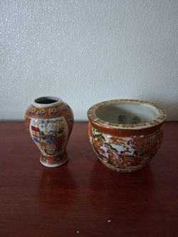 Vintage Chinese Rose Famille Porcelain Vase and Fish Bowl Set