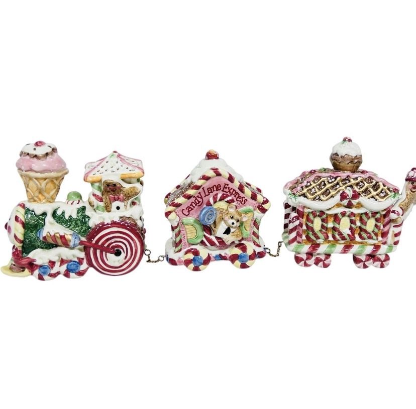 Vintage Fitz & Floyd Candy Lane Express Train Christmas 3 Piece Set 2001