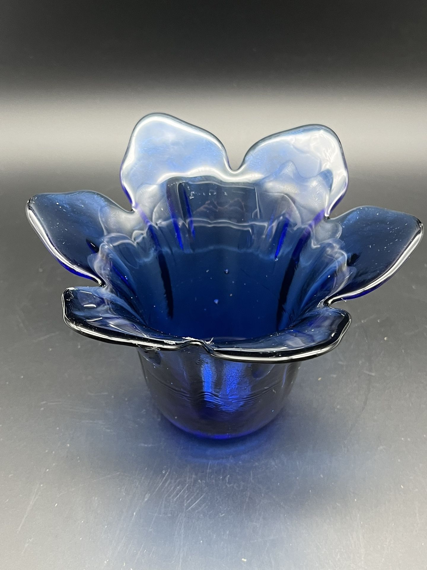 Cobalt Blue Art Glass Flower Shaped Vase Recycled Glass Made in Spain
