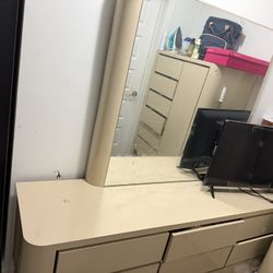 Beige Bedroom Dresser & Chest Set with Mirror