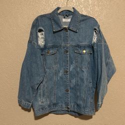 Denim Jacket Women’s Large Light Wash Distressed Oversized