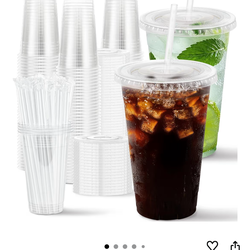 100 Pack 16 oz Disposable Plastic Cups with Lids and Straws, Clear Party Coffee Cups for Cold Beverages, Smoothies, Iced Coffee, and Leak-Proof, BPA-F