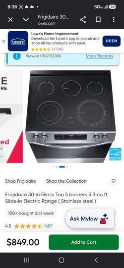Frigidaire 30in glass top 5burners5.3-cu ft slide in electric range (stainless steel)