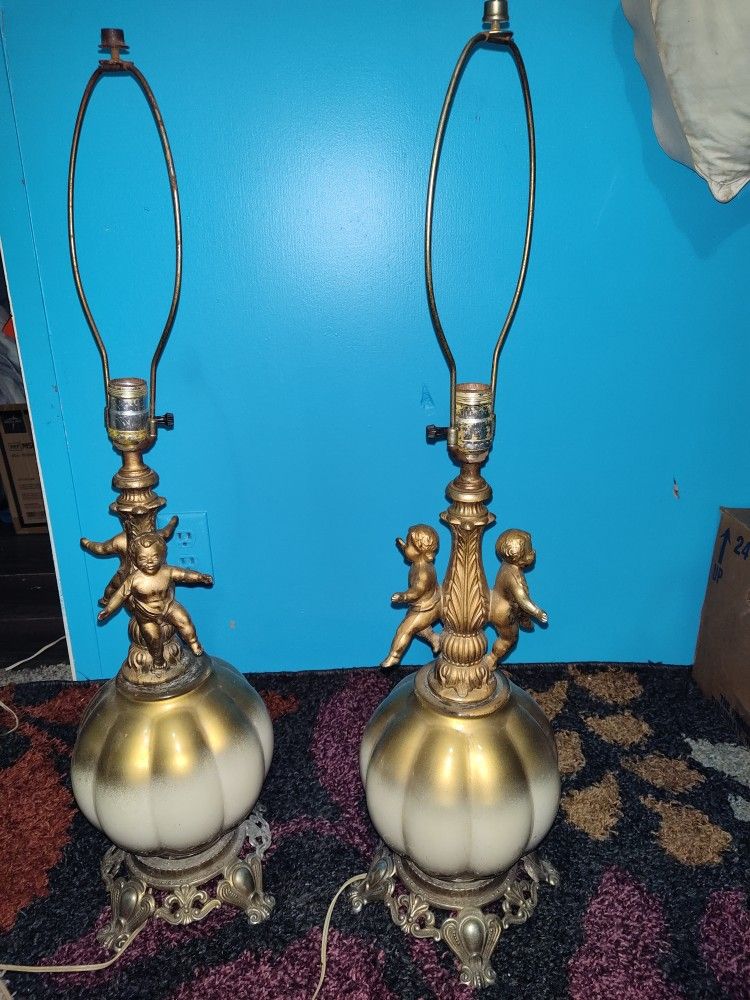Set Of 2 Vintage Hollywood Regency Cherub Table Lamp
