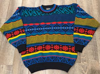 Vintage Bolt Geometric Color Block Coogi Style 3D Knit Crewneck Sweater Size L