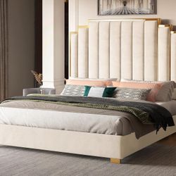 Gorgeous Ivory Suede & Gold King Size Bed Frame 