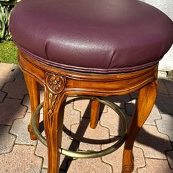 Designer Wood Bar Stools With Purple Leather Look Seats. 4 Available. 
