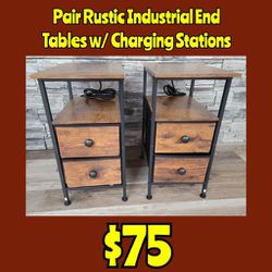 New Pair Rustic Industrial End Tables w/ Charging Stations: Njft