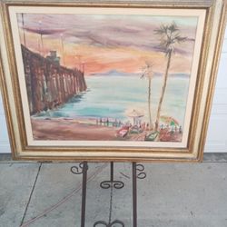 Large Vintage Framed Newport Beach Pier Fishing Boats Oil On Canvas Painting Signed Lioba
