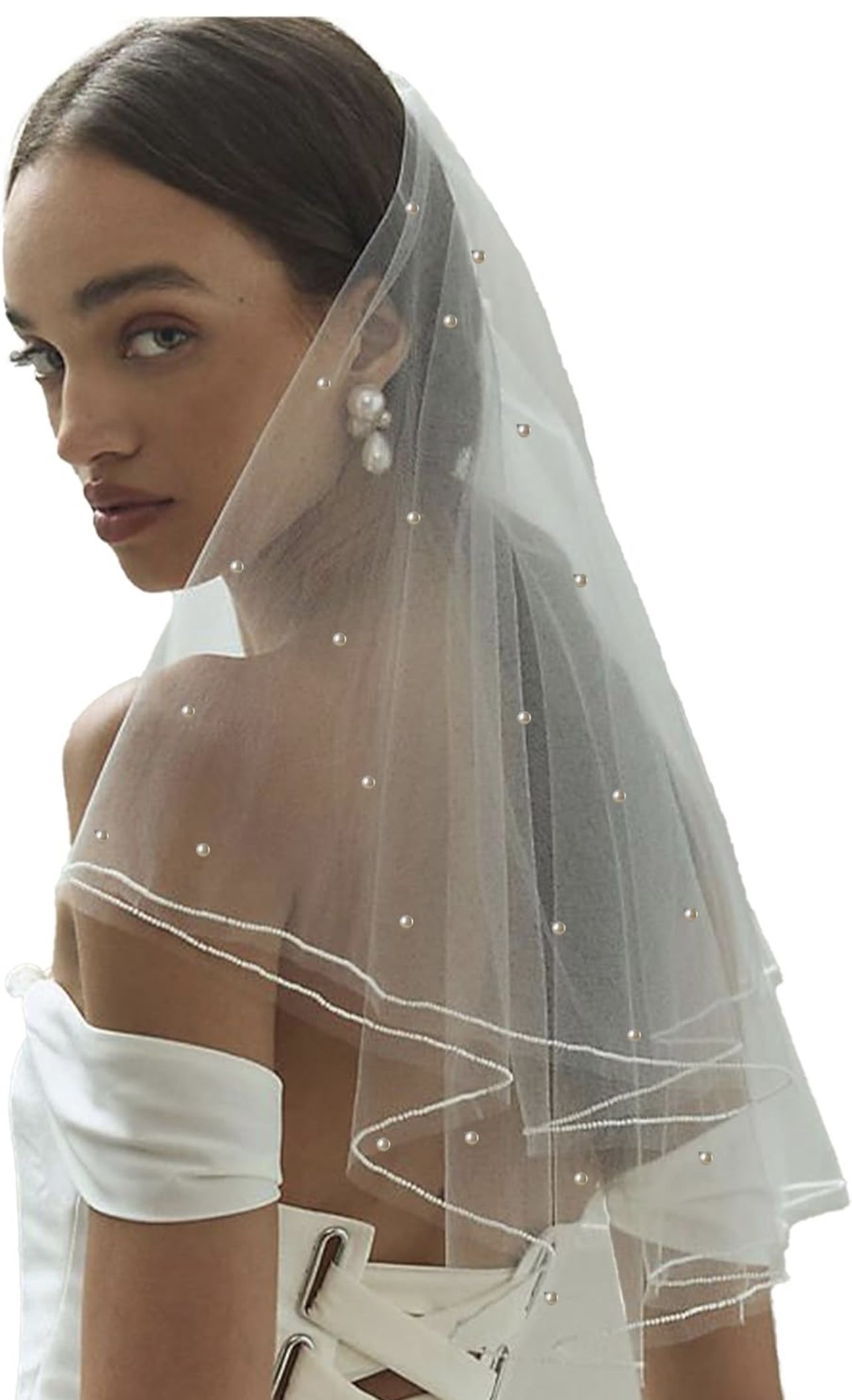 White Short Wedding Veil Pearl Rhinestone Bride Veils Bridal Veils Bachelorette Party Veil for Brides and Women