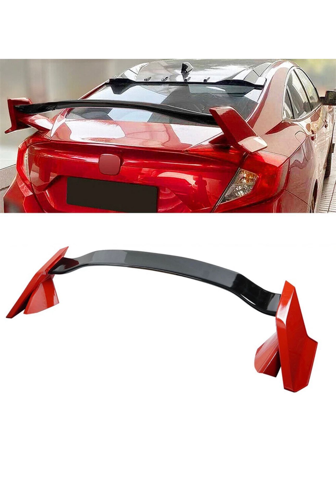 FOR 2016-21 HONDA CIVIC 4 DOOR SEDAN 2 TONE RED BLACK TYPE R STYLE SPOILER WING