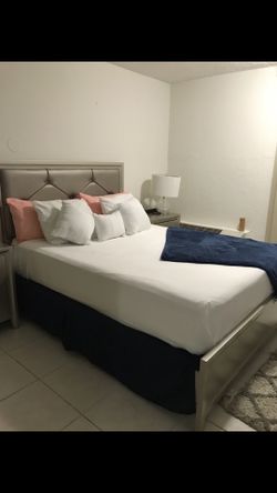 Queen bedroom set: Queen bed, dresser, mirror, nightstand, mattress included.