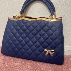 New navy blue vegan leather vintage purse handbag retro bow shoulder crossbody