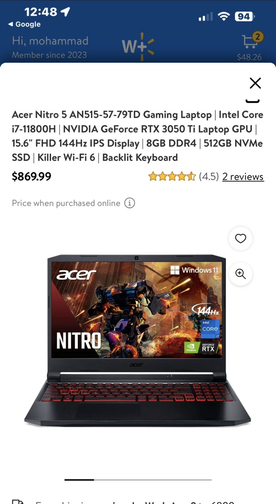 Acer Nitro 5 Gaming Laptop RTX 3050 Ti