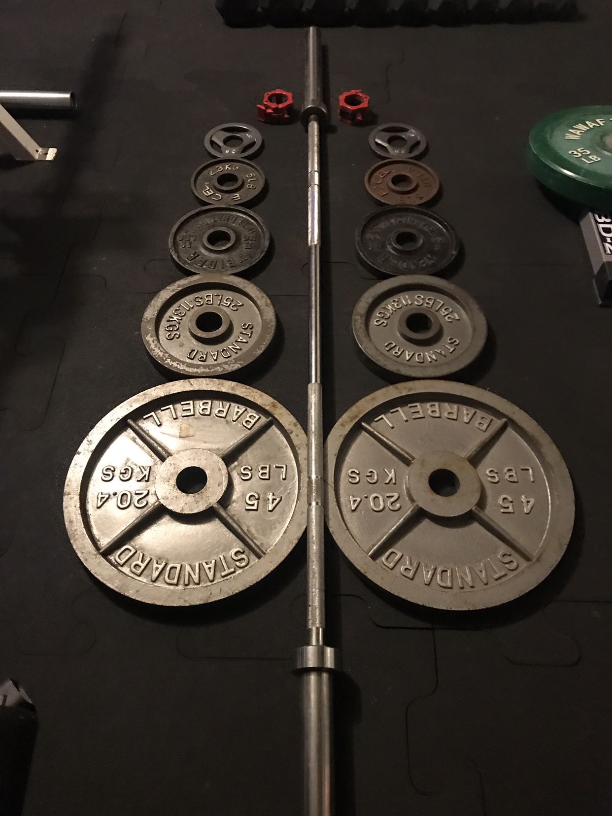 Olympic Weight Plates (2x45Lbs, 2x25Lbs, 2x10Lbs, 2x5Lbs, 2x2.5Lbs) & ETE Olympic Bar (7FT-45LB) with (2) LockJaw for $230 Firm on Price!