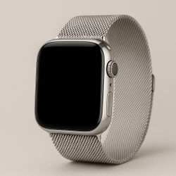 Apple Watch Series 8, 45mm Silver Stainless Steel with Silver Milanese Loop, GPS + Cellular (model A2774 / MNKG3LL/A).
