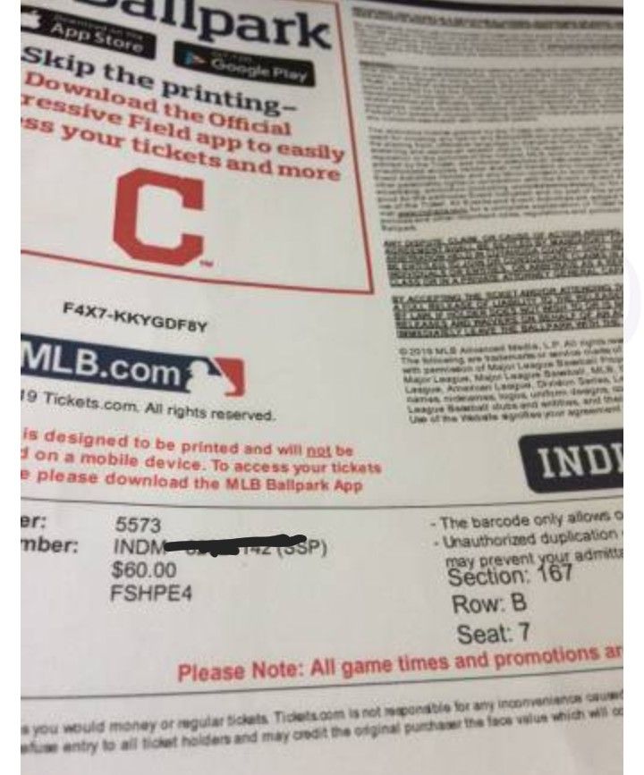 Indians Tix July 31st Section 167 Row B Tix to