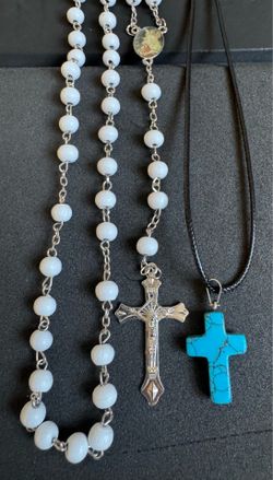 NEW Unblessed Beaded Rosary Necklace + NEW Faux Turquoise Cross Necklace