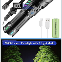 Rechargeable Flashlights High Lumens, 20000 Lumen Flashlight High Powered 5000 mAh Battery with LCD Display, 5 Light Modes, Zoomable, IP67 Waterproof,