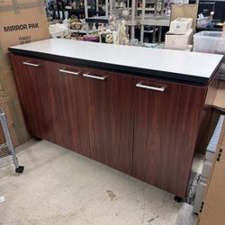 BRAND NEW Tuxedo Four Door Storage Credenza, which features a thermally-fused laminate finish, brushed metal hardware - 60” x 20” x 36” H - 